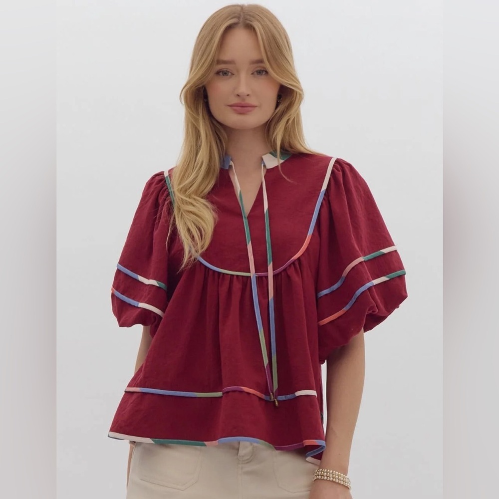 Entro The Lisa Top Size L Puff Sleeve Maroon Multicolor Trim Feminine Boutique